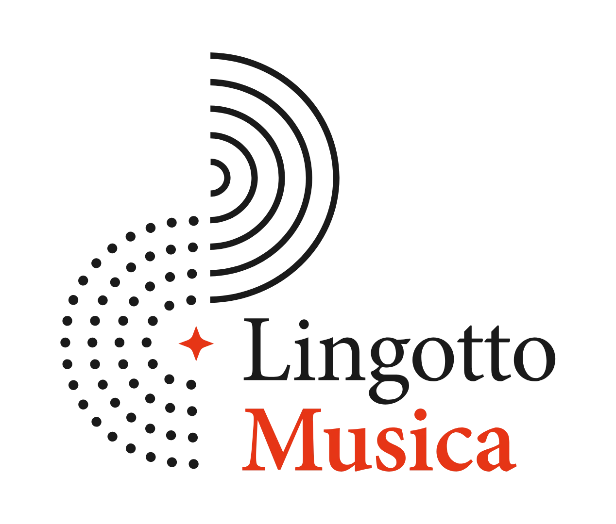 LingottoMusica_Logo_RGB_Verticale_NeroRosso Logo Lingotto Musica: cerchi concentrici e punti neri su sfondo bianco, scritta “Lingotto Musica” in nero e rosso
