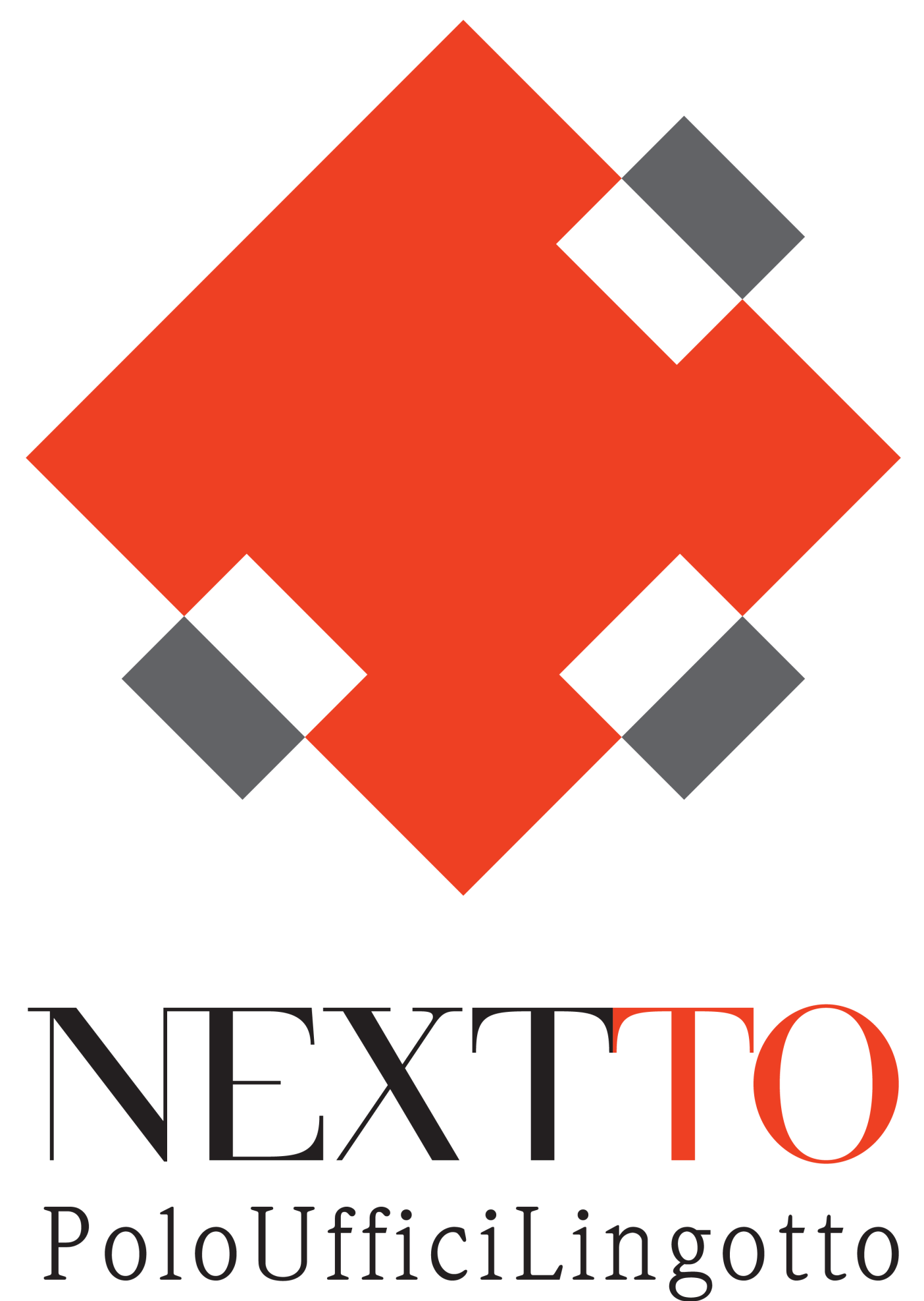 NeXTTo_logo-01 Logo NEXTTO Polo Uffici Lingotto: elemento grafico rosso a rombo con dettagli grigi, scritta “NEXTTO” e “PoloUfficiLingotto”.