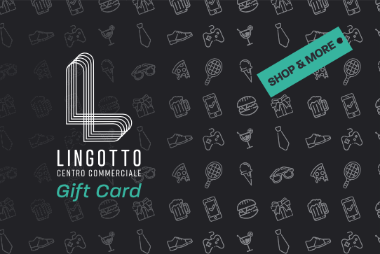 lingotto-gift-card Grafica gift card centro commerciale Lingotto Torino, sfondo nero con icone shopping, logo e scritta “Shop & More”.