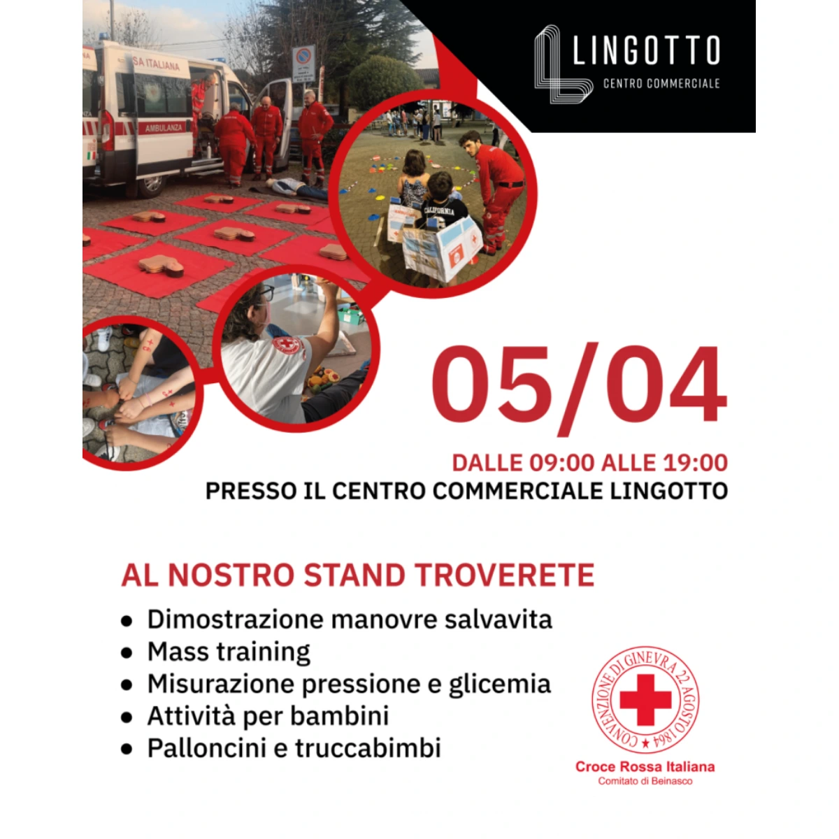 Evento Croce Rossa al Lingotto Torino con stand dimostrativo, attività per bambini e volontari in divisa rossa.