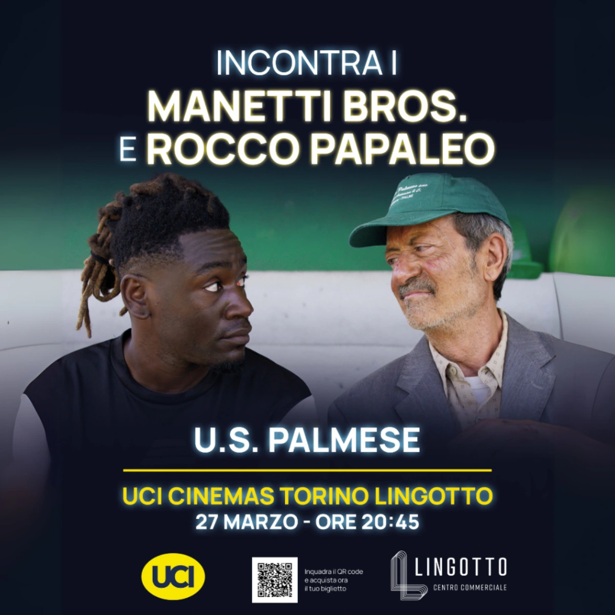 Grafica evento UCI Lingotto: incontralo Manetti Bros. e Rocco Papaleo, due persone sedute su divano, data e orario evidenziati.