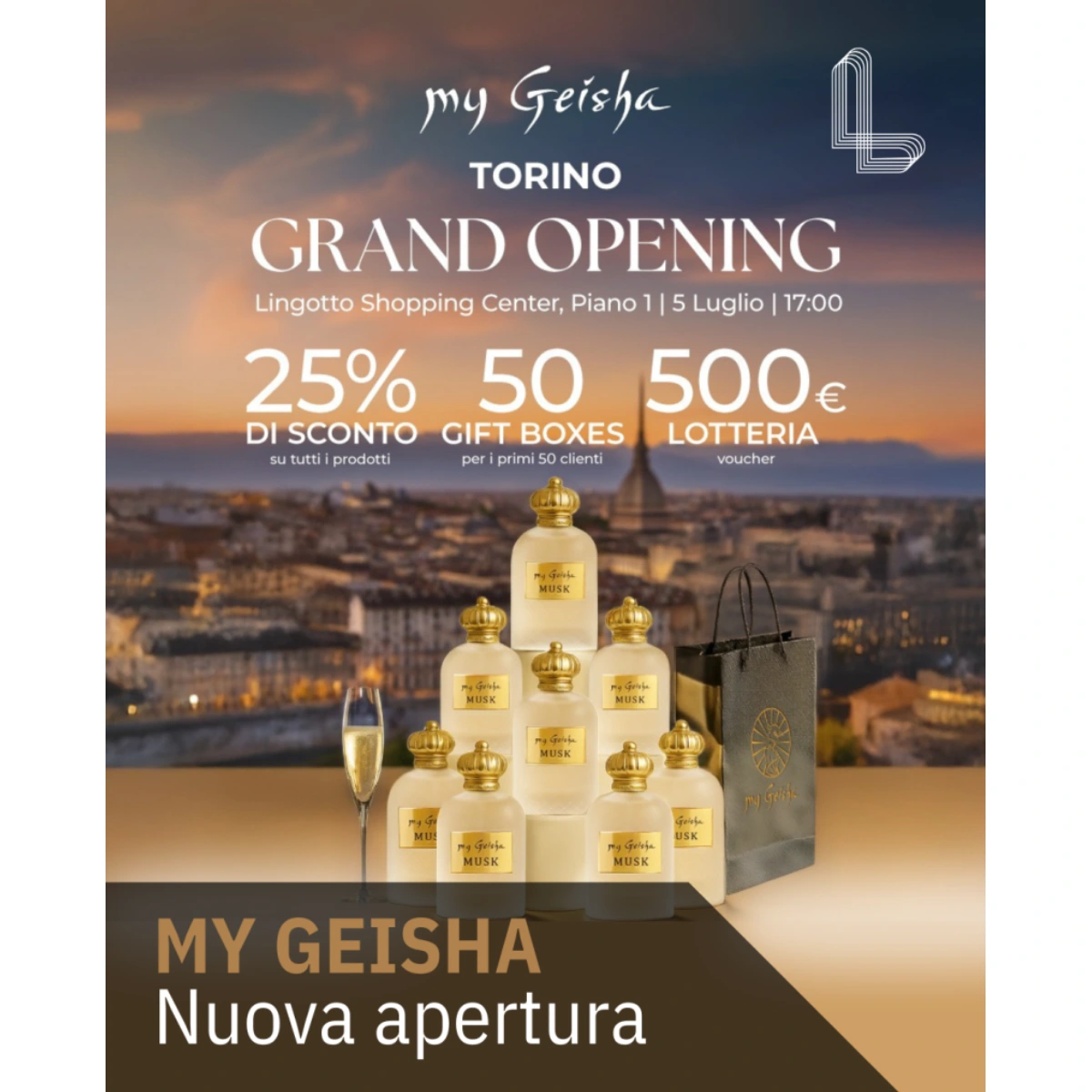 Locandina del My Geisha Torino al Lingotto con prodotti esposti, promozioni apertura, gift box e vista panoramica della città.